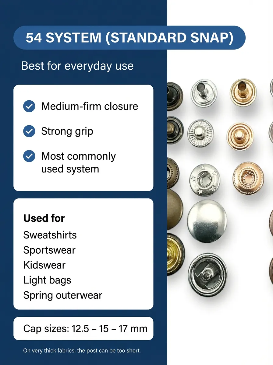 54 system standard snap: most common system for everyday use
